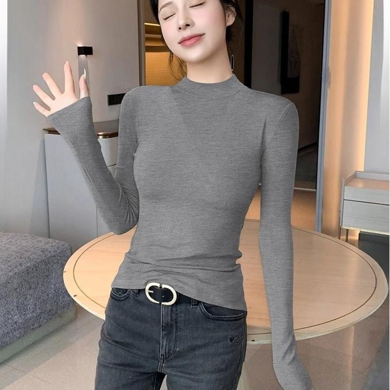 Semi High Neck Base Layer Women Autumn Winter Ribbed Premium Slim Thin Knit Black Top