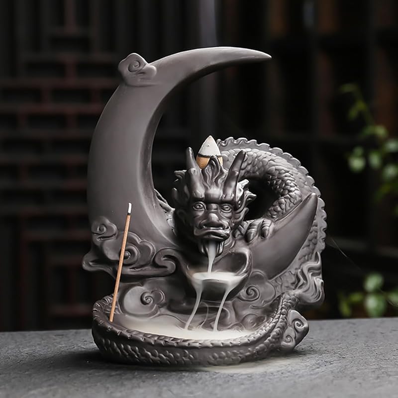 Skull Incense Burner Holder - Backflow Waterfall , LED Ceramic Unique Skeleton Incense Burner with 15 Incense Cones for Dragon Moon, Black