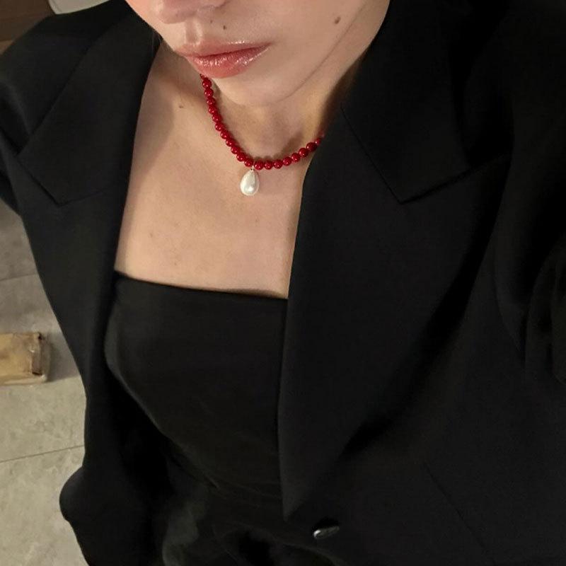 Korean Water Drop Pendant Beaded Necklace - Elegant Retro Choker for Women