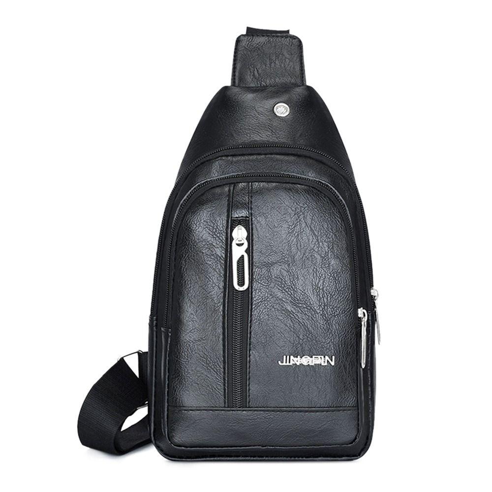 Fashion PU Leather Men s Sling Bag Anti-theft Solid Color Chest Bag with Earphones Hole Large Capacity Crossbody Bag