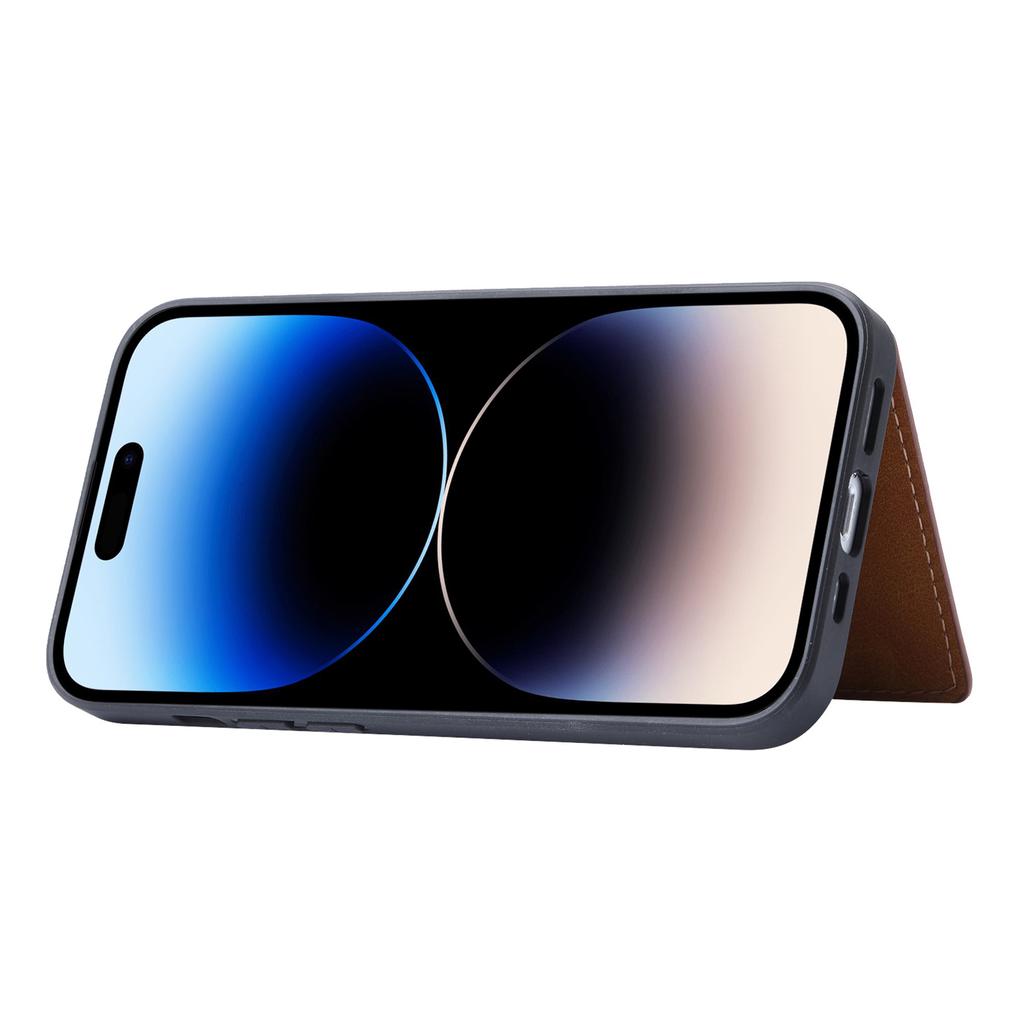 For iPhone 15 Plus Kickstand Card Holder Phone Case Calf Texture PU Leather+TPU Anti-Scratch Cover