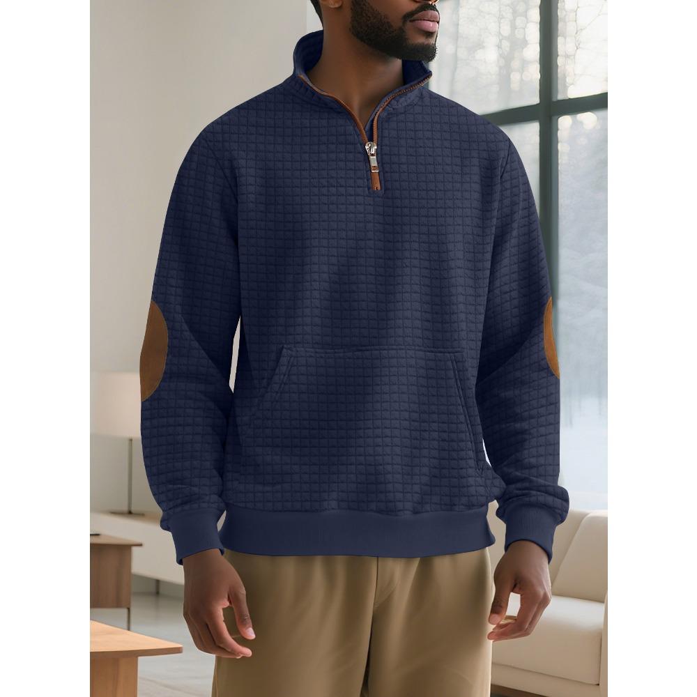 Autumn/Winter Men's Casual Sweatshirt Jacquard Small Check Pattern Stand Collar Zip-Up Loose Fit Top