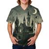 Men's Halloween Print Medical Scrub Top V Neck Tie Pocket Comfortable Fit Daily Workwear for Healthcare Professionals