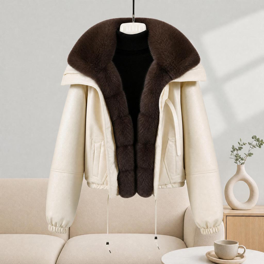 Sweater collar leather jacket cotton-padded jacket women's winter new fashionable foreign style short thickened warm cotton-padded jacket