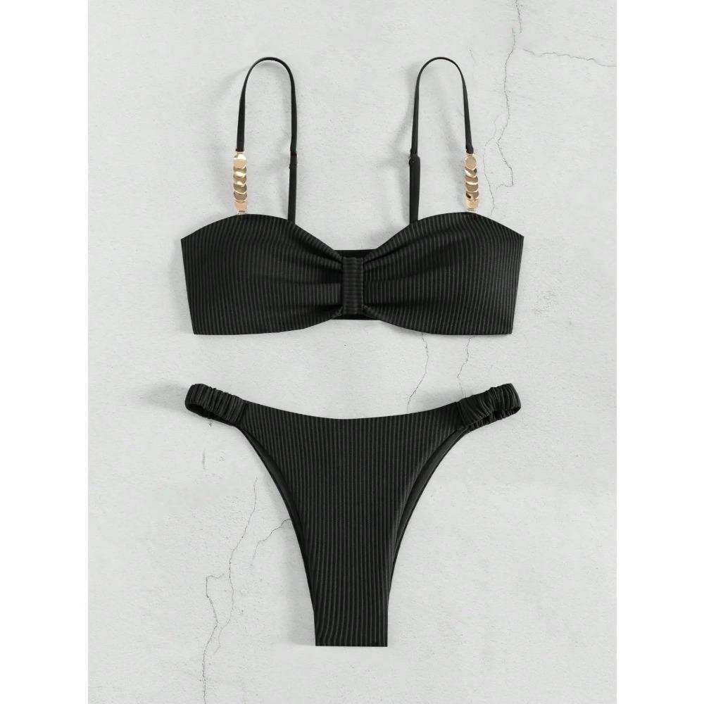 

Сексуальный комплект бикини пуш-ап с бантом спереди 2025 Женский купальник с металлическими бретелями, полым бюстгальтером и плиссированными стрингами, летний купальный костюм, белый купальник S чёрный