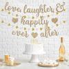 Vorgespanntes Love Laughter & Happily Ever After Banner für Hochzeitsfeier Dekorationen, Gold Glitzer Banner Schild mit 13FT Herz Streamer Girlande für
