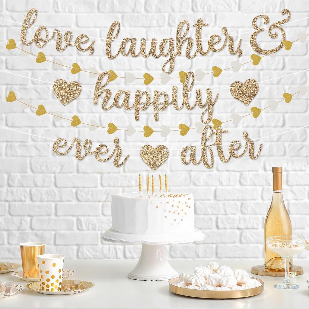Vorgespanntes Love Laughter & Happily Ever After Banner für Hochzeitsfeier Dekorationen, Gold Glitzer Banner Schild mit 13FT Herz Streamer Girlande für
