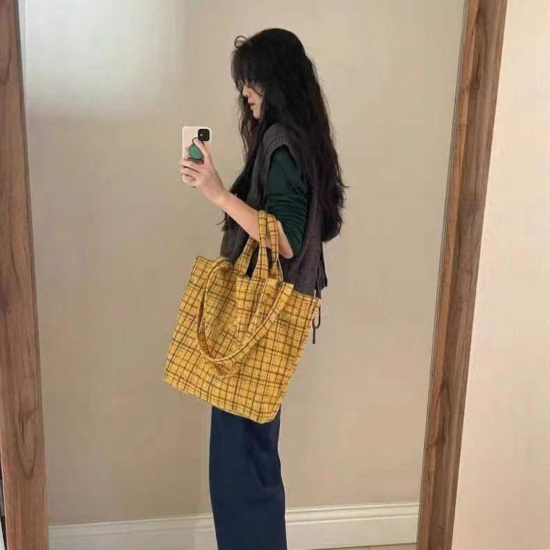 Autumn Winter Vintage Ginger Yellow Plaid Large Capacity Tote Bag Commuter Versatile Handheld Shoulder Underarm Bag