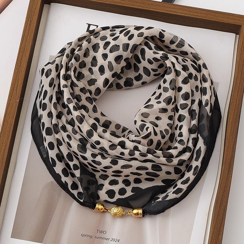 Women Korean Style Leopard Print Magnetic Buckle Scarf Thin Triangle Neck Kerchief Versatile Decorative Neck Scarf for Spring Autumn