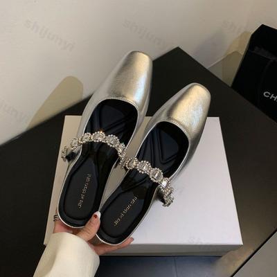 Moda Mujer Flats Zapatillas Mules de Cristal Sandalias de Diseño 2025 Nuevo Vestido Punta Cuadrada Piel Slides Verano Slingback Hebilla De Mujer