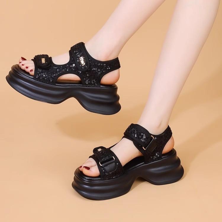New ladies sandals -Outdoor travel thick bottom heightened sequins decoration comfortable fashion non-slip soft elastic shock-absorbing shoes
