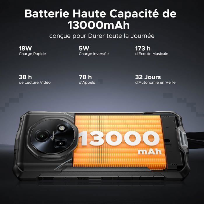 Telephone Portable Incassable DOOGEE Fire 5 Ultra 32Go+256Go 6.6" 13000mAh Smartphone Robuste Android 15 48MP Double SIM/NFC Orange