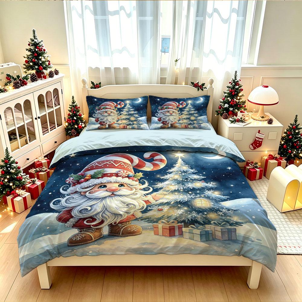 Christmas Duvet Cover Set 3Pcs Santa Claus Xmas Tree Snow Scene Print Bedding Soft Microfiber Comforter Cover
