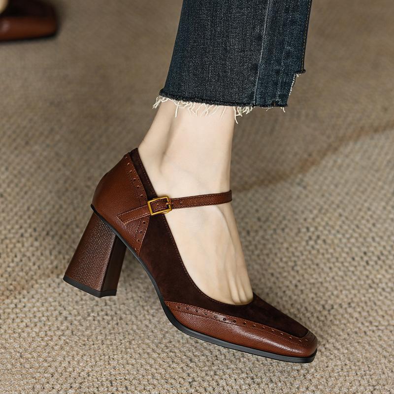 Spring and Summer Single Shoe Women's Patchwork Thick Heel Single Buckle Belt French Square Toe High Heels Anti Slip Shoes
