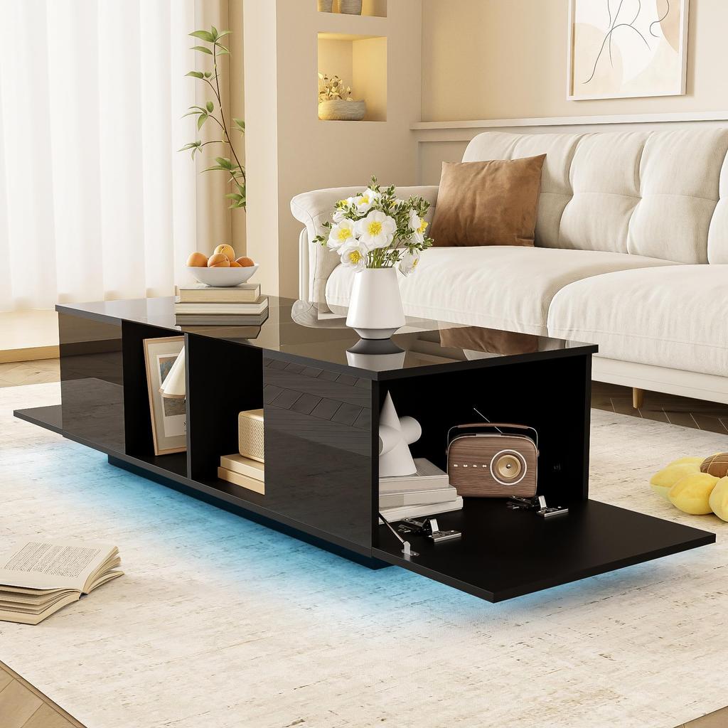 Coffee Table, LED Living Room Table with Storage Space, High-gloss Table with Glass Shelf, Modern Sofa Table with Two Doors