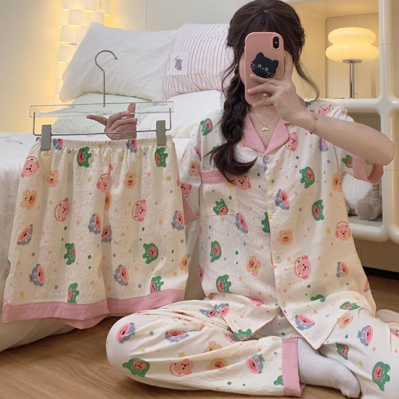 Female Star Style Pajamas Women'S Short-Sleeved Three-Piece Set Cloud Cotton Comfortable Loungewear