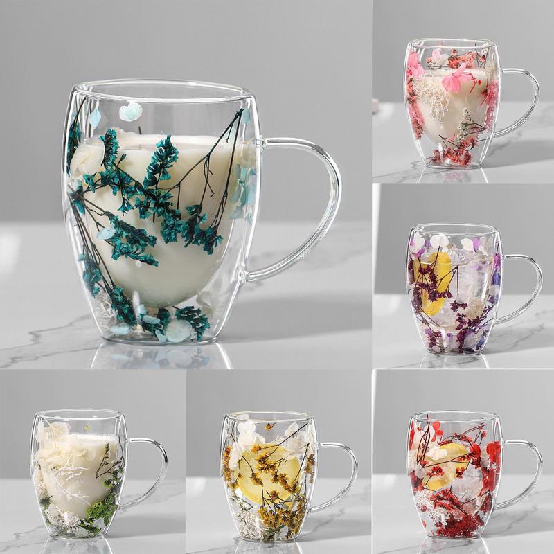 Creative Double Wall Coffee Mug Real Dried Flower Filler Glass Cups Gifts High Borosilicate Glass Cup With Handles