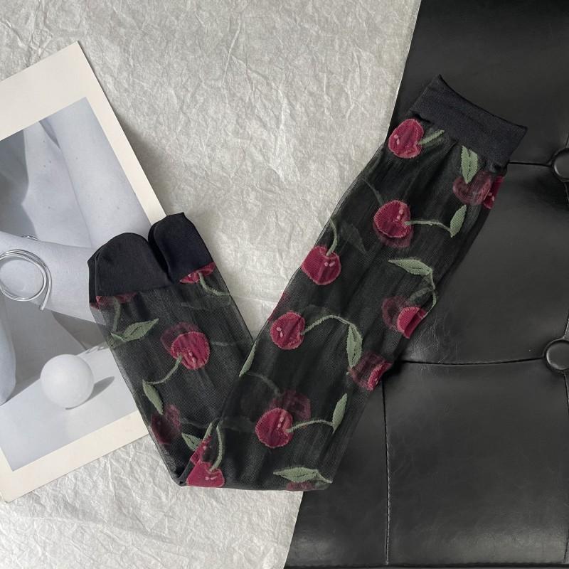 Ultra-Thin Transparent Woman Split Toe Socks Red Cherry Pattern Summer Crystal Silk Hollow Out Sheer Two-Toed Japanese Tabi Sox