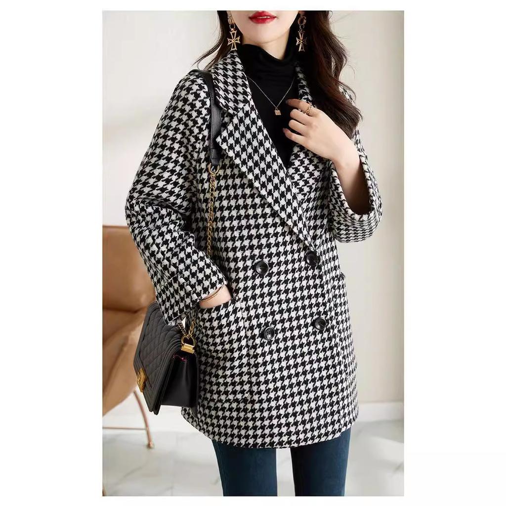 Brown Black White Houndstooth Double Breasted Blazer Jacket with Roll-Up Sleeves