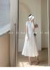 Elegant Slim-fit Round Neck Patchwork Dress for Women - Waist-cinching Solid White, Gentle Style, Summer Long Dress