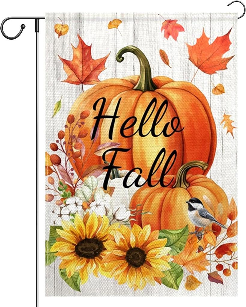 Hello Fall Garden Ag 12x18 Inch Double Sided Autumn Thanksgiving Pumpkin Sunower Small Burlap Yard Ag for Outside Outd SSL