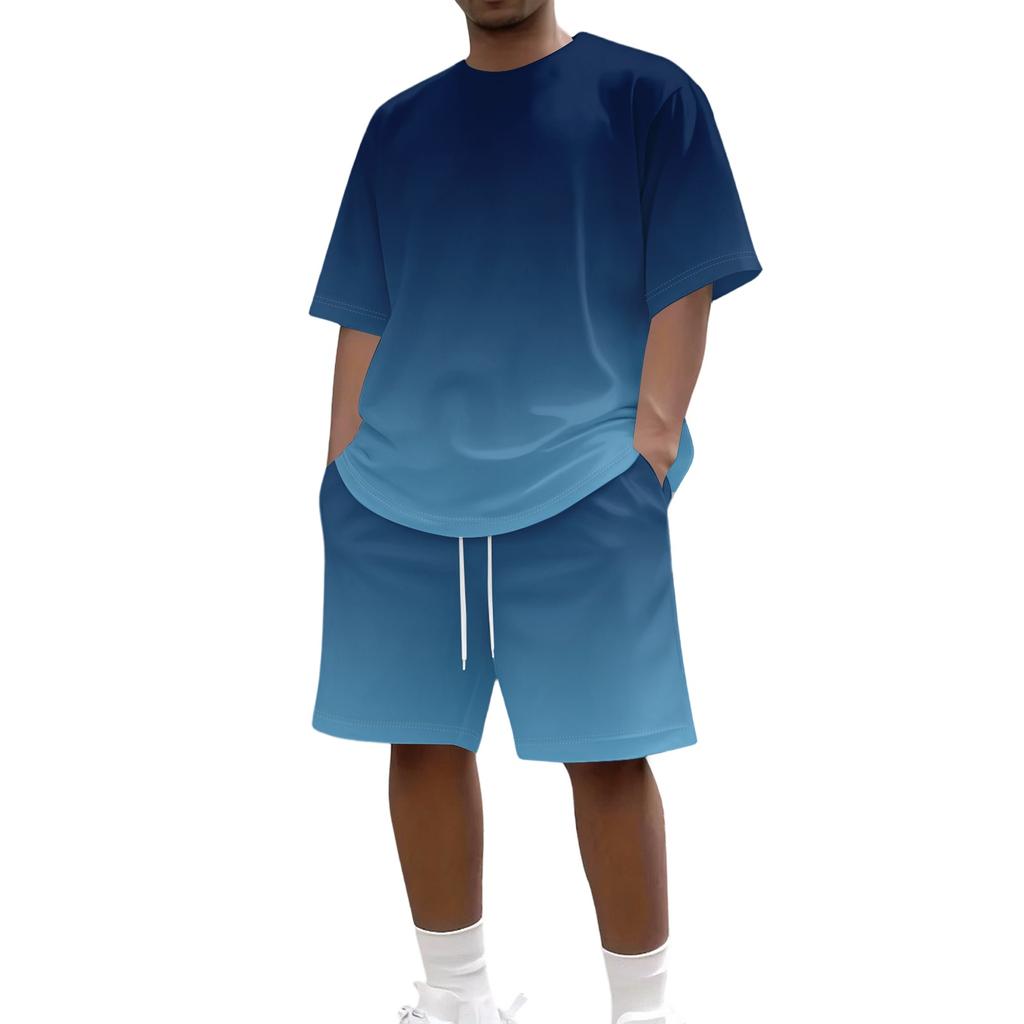 Men's Gradient Print Casual Short Sleeve Crew Neck Top and Shorts Set Lightweight Breathable Summer Outfit for Everyday Wear