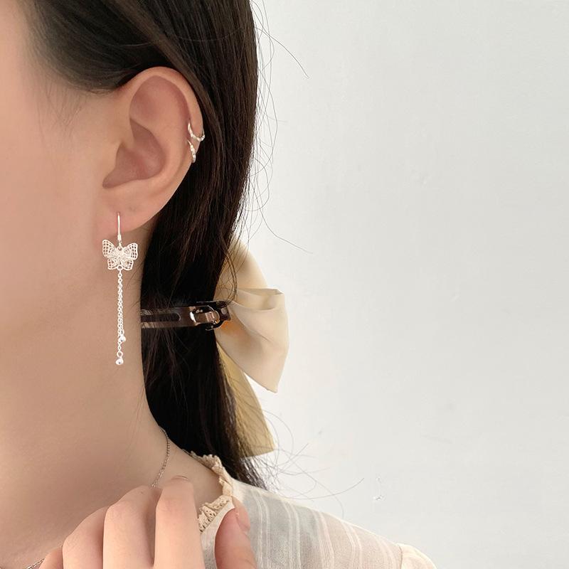 Exquisite Butterfly Flower Tassel Earrings for Women's Elegant Temperament and Slim Long Ear Hooks