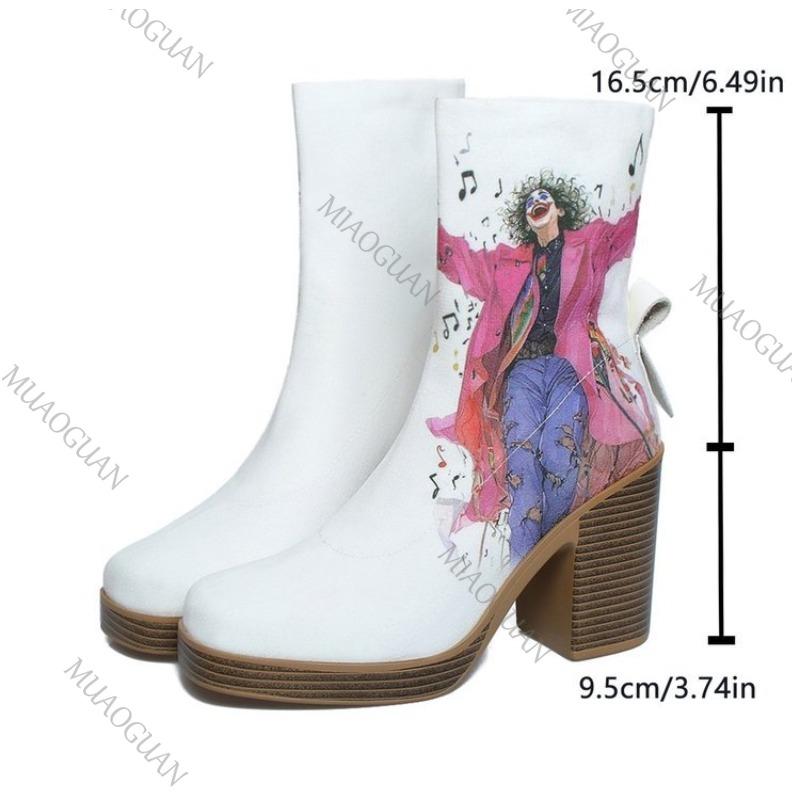 Fashion Autumn and Winter New Round Head Short Boots for Women Chunky High Heeled Graffiti Women Shoes Fashion Platform Slip On Botas