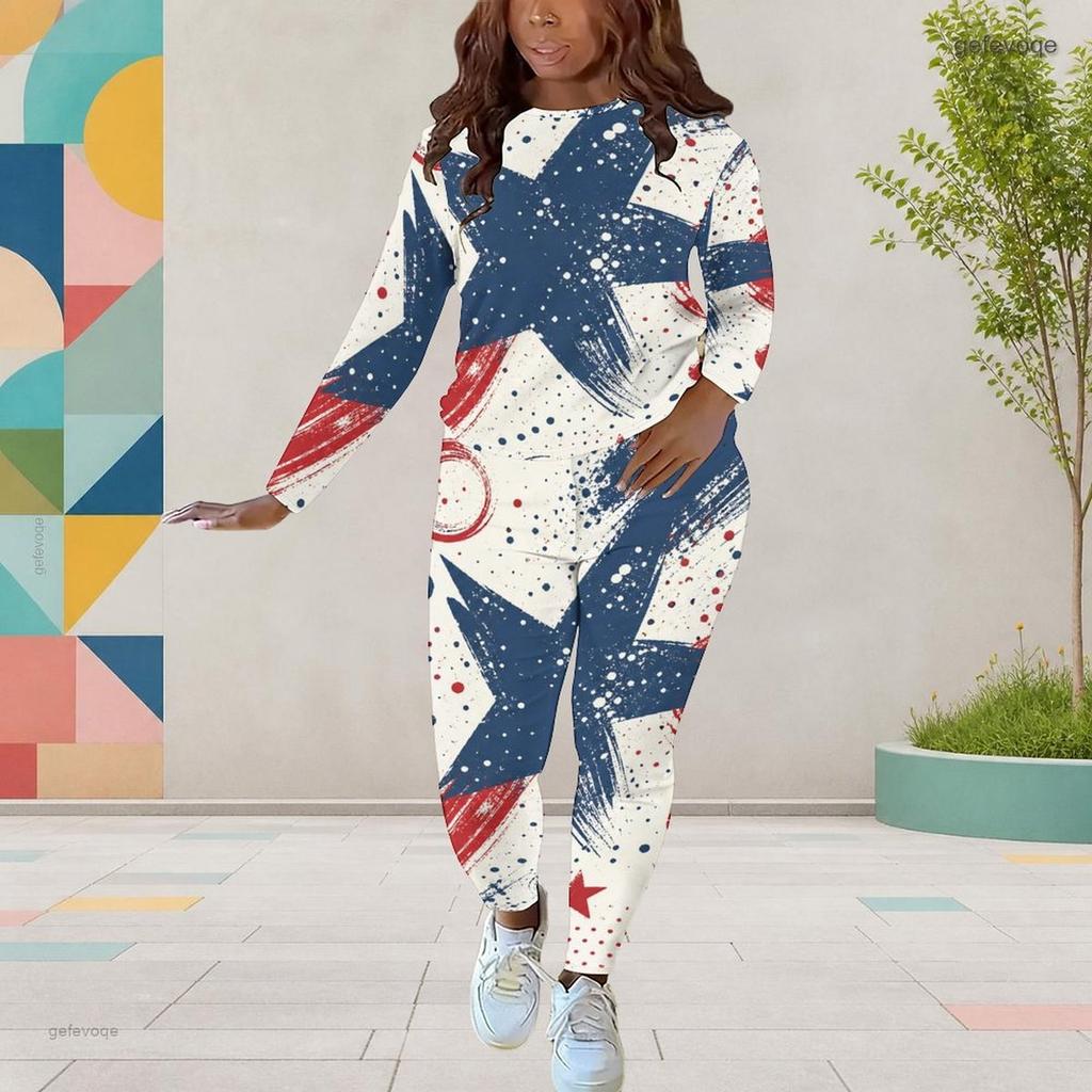Women Plus Size Round Neck Long Sleeve Blue White Red Printed Top Fitted Pants Two Piece Set