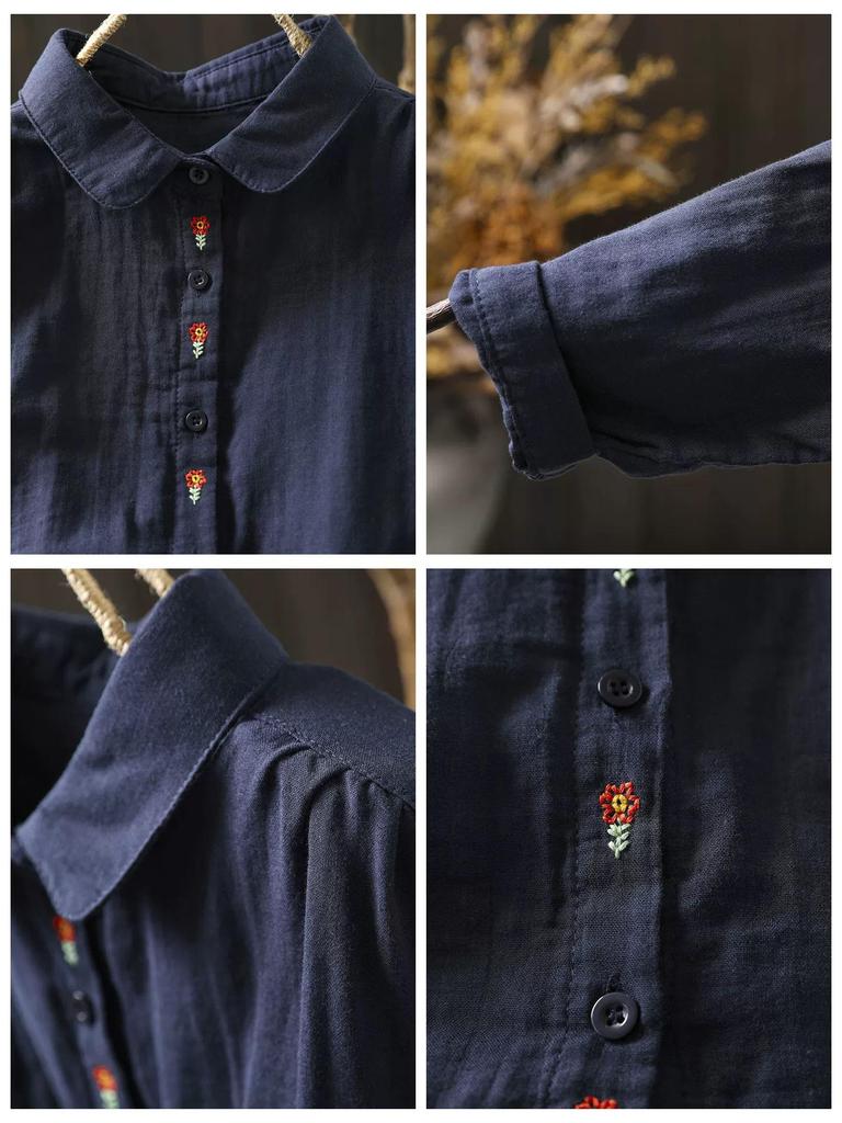 Women's Autumn Double Layer Cotton Long Sleeve Shirt - Solid Color, Casual, Slimming Design