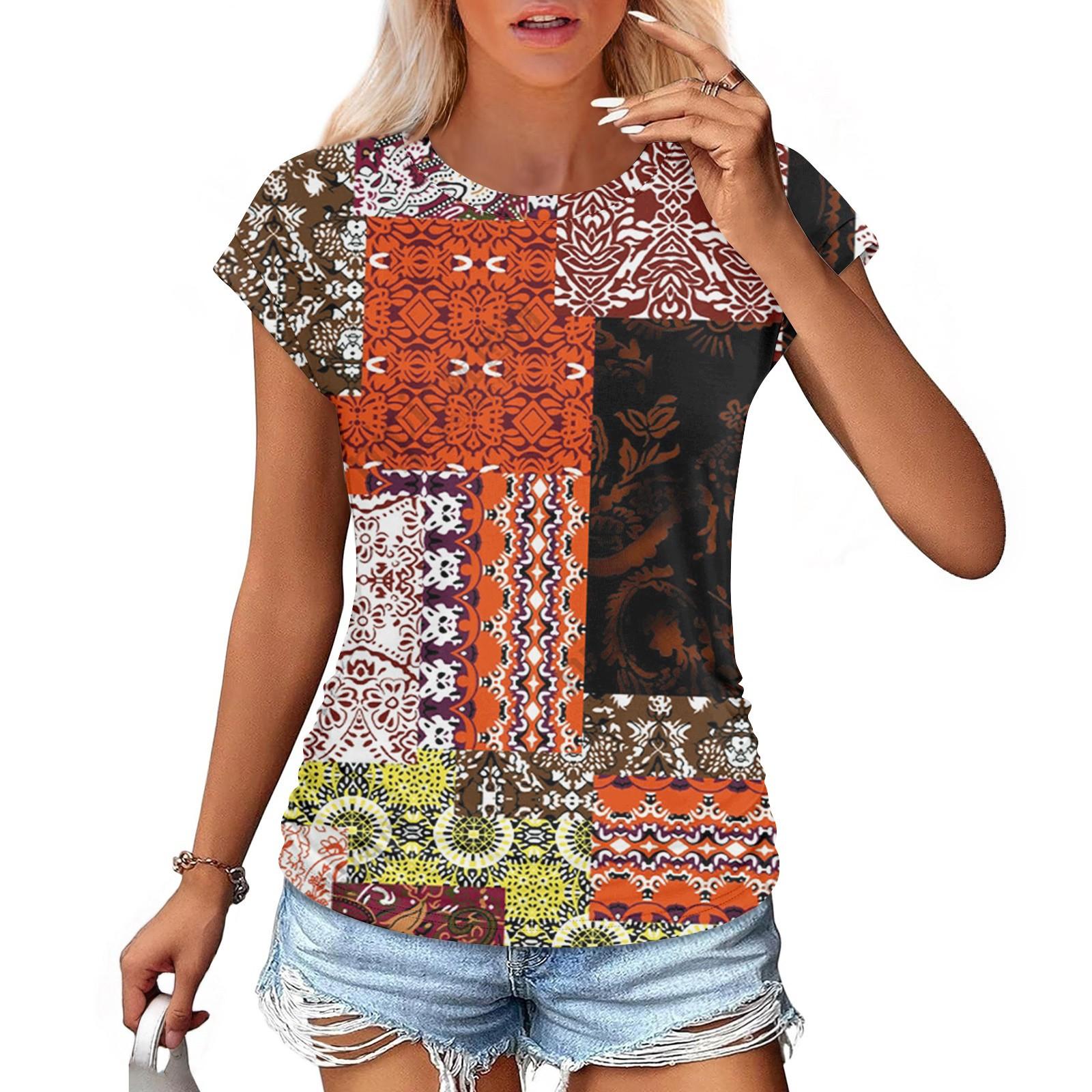 

Женская мода повседневная тонкая завязка на талии с закрытыми рукавами и круглым вырезом с винтажным принтом футболка XL киноварь