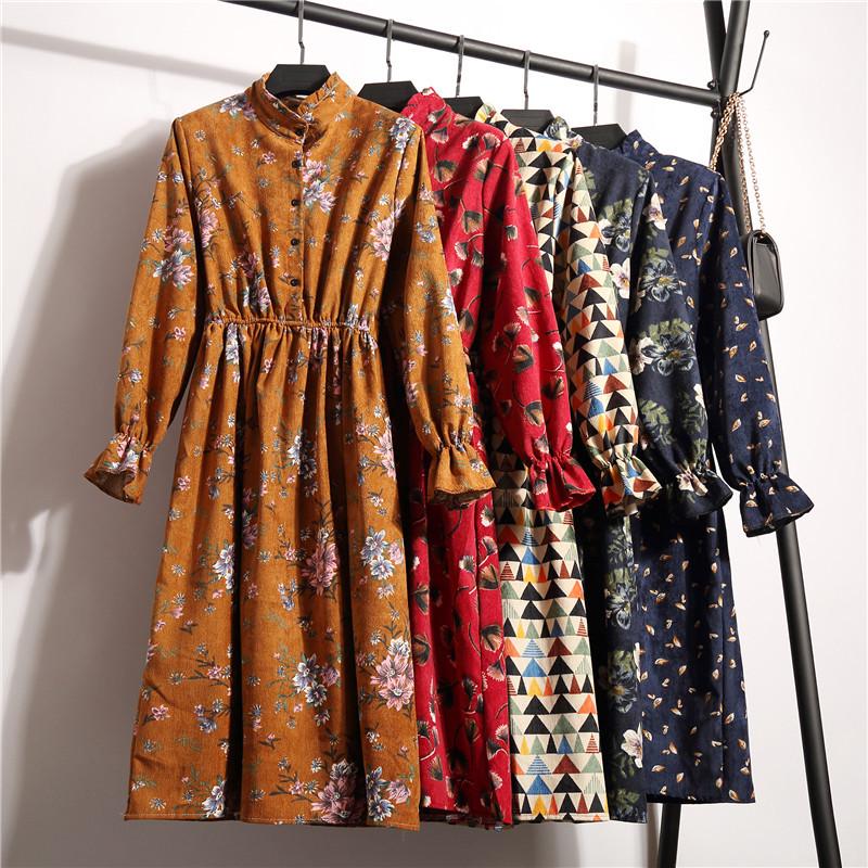 Vintage Collar Long Sleeve Corduroy Floral Dress Women's Party Ruffle Dress Bohemia Print Dress