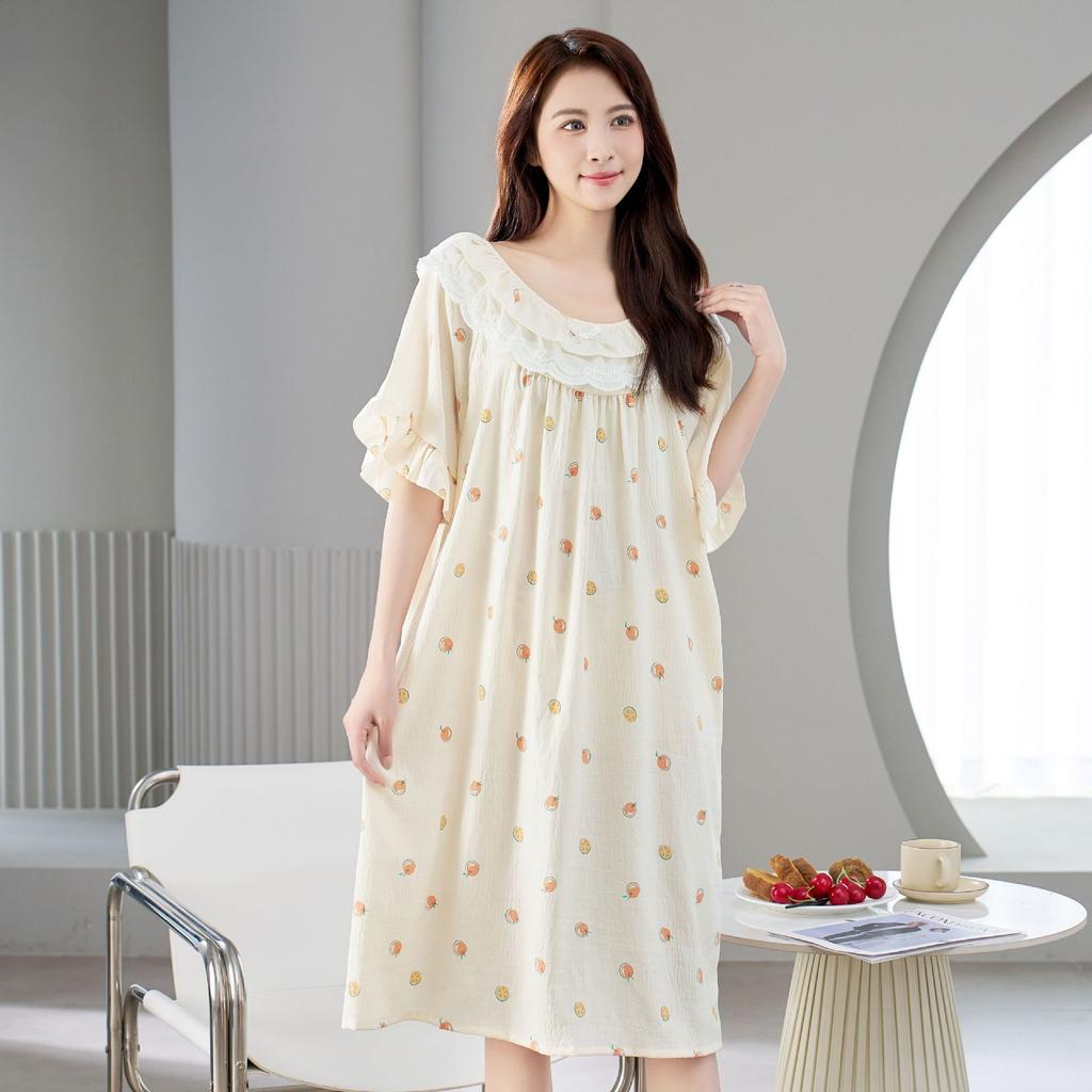 Spot New Women's Spring, Summer and Autumn Clouds Cotton Edge Thin Loose Nightdress Sweet and Cute Loungewear