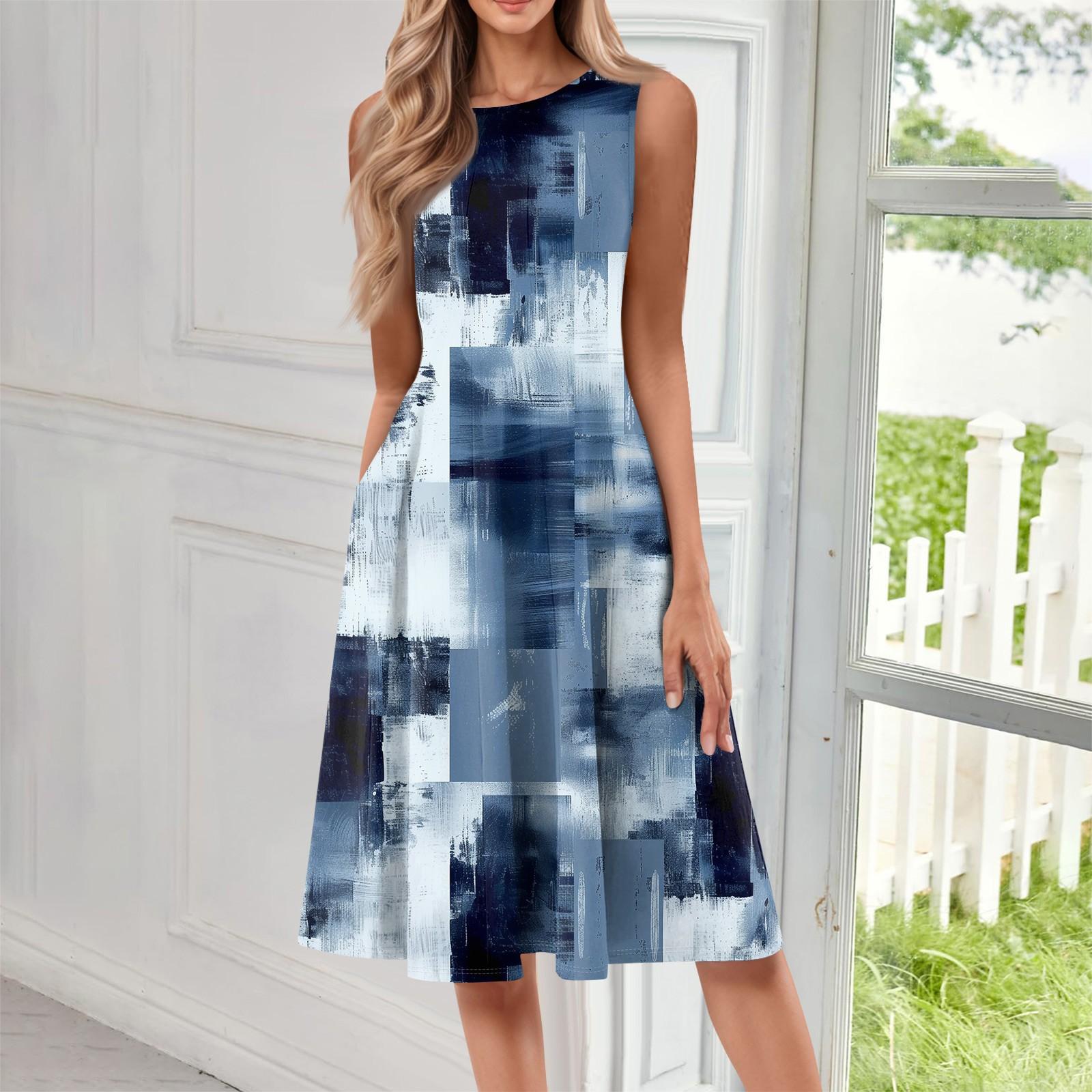 Women s Fashionable Round Neck Sleeveless Printed Casual Pullover Mid Length Dress XXL