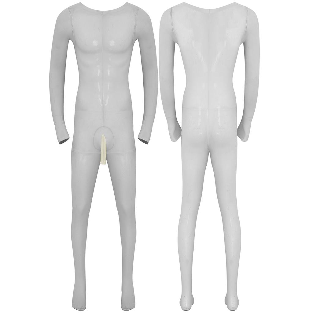Mens Solid Color Bodystocking Long Sleeve Stretchy Bodysuit with Bulge Pouch Nightwear Underwear
