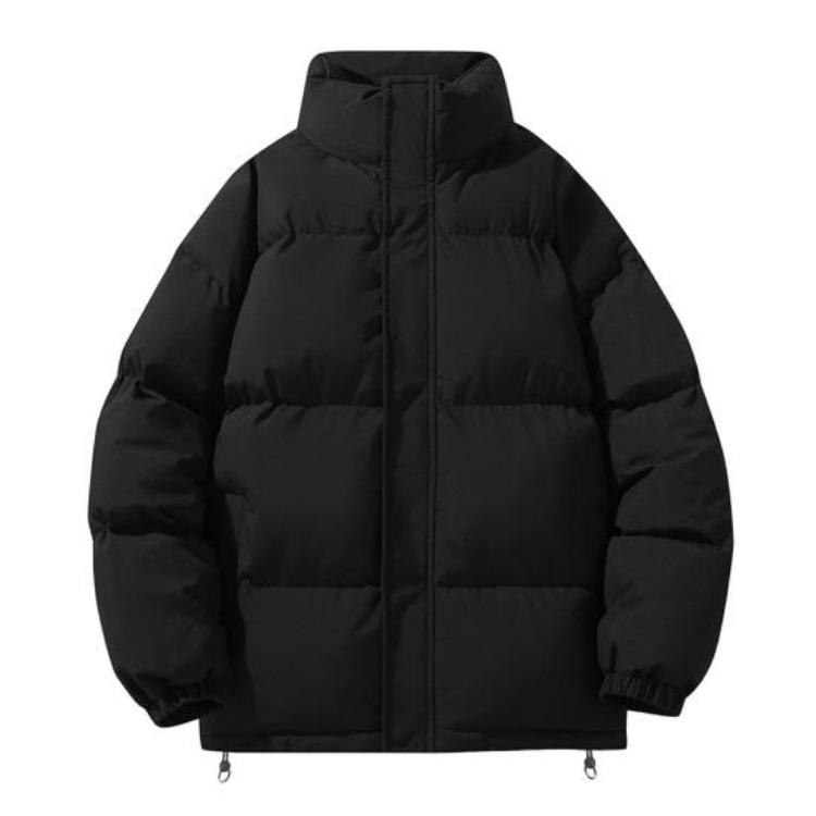 Winter Puffer Coat Men Stand Collar Long Sleeve Solid Color Outwear with Side Pockets Zipper Closure