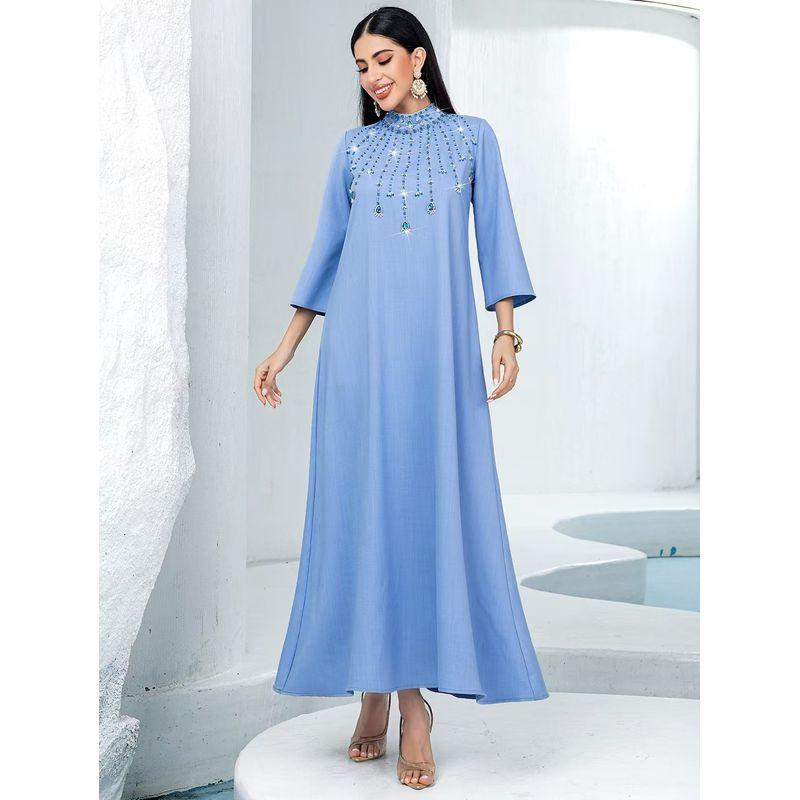 New Arrival Middle East Half Turtleneck Hand-Stitched Diamond Dress Party Long Dress Hand Sewn Diamond Dress