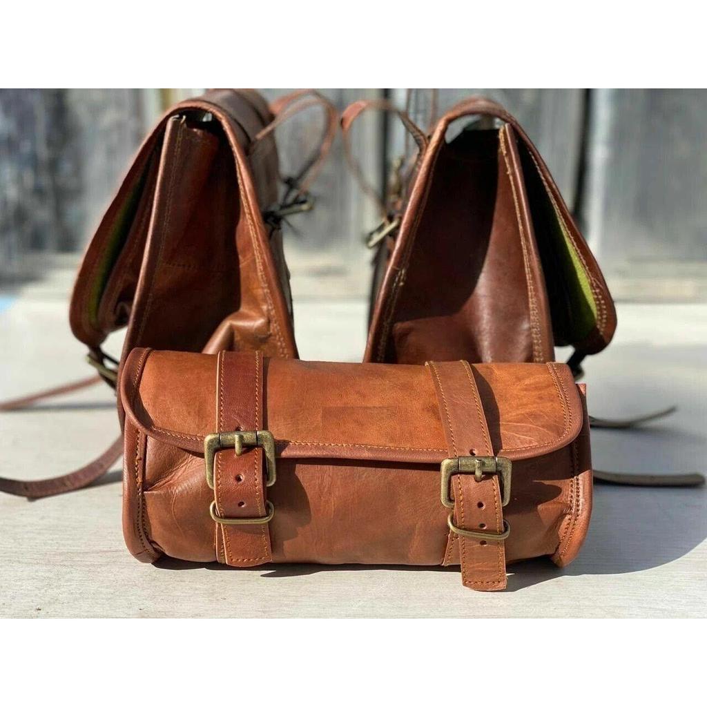 Combo Motorcycle Saddle 3 Side Bags Vintage Leather Swing Arm Luggage Tool Pouch