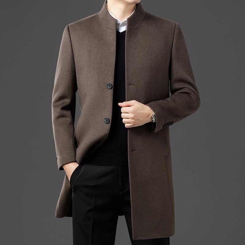 Autumn and Winter, Middle-aged and Elderly Men's Double-sided Tweed Stand Collar Coat Business Casual Mid-length Jacket High-end Dad Outfit