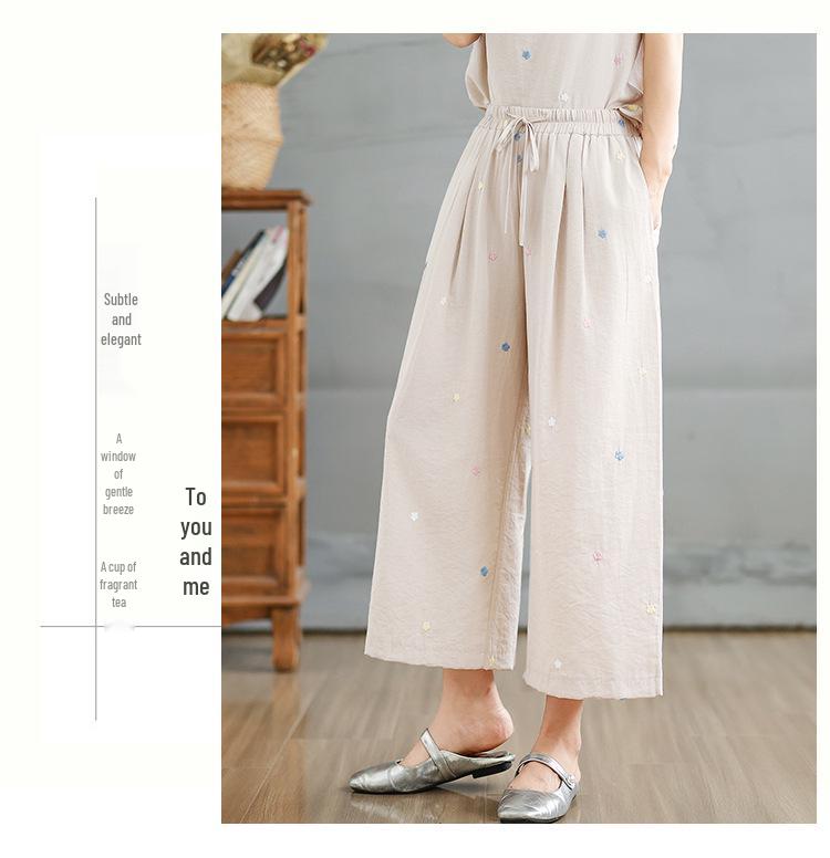 9017 Vintage Chinese Linen Suit: Summer Loose Fit Shirt & Wide-Leg Pants Set