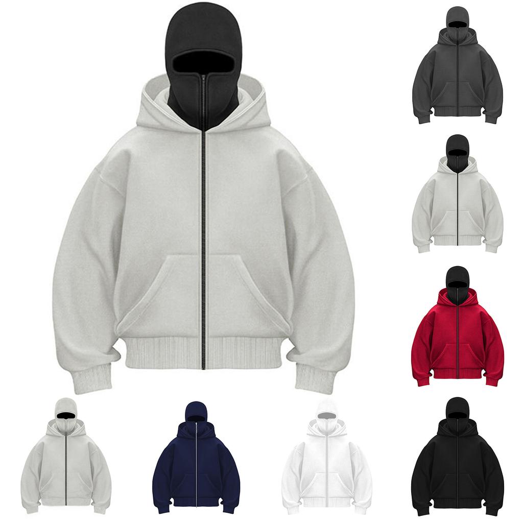 Pánská volná trendy mikina s dvojitou kapucí, kardigan se zipem