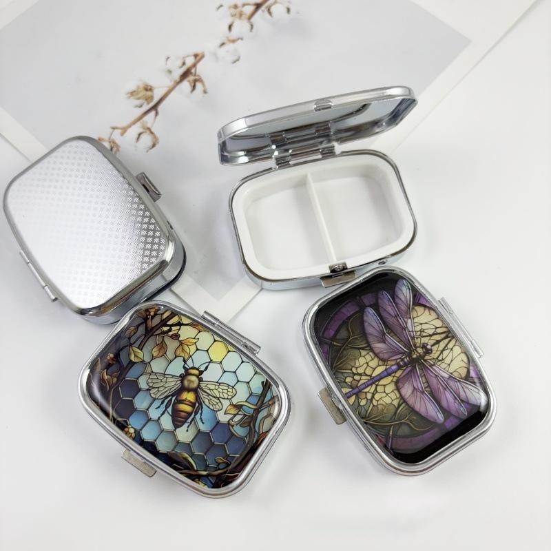 Square Two Compartment Metal Pill Box Portable Pill Box Stained Glass Insect Print Medicine Container For Travel Daily Carry