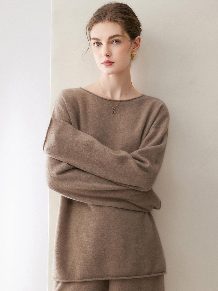 Women's Off-Shoulder Cashmere Pullover – 2026 Winter Loose Fit with Rolled Hem