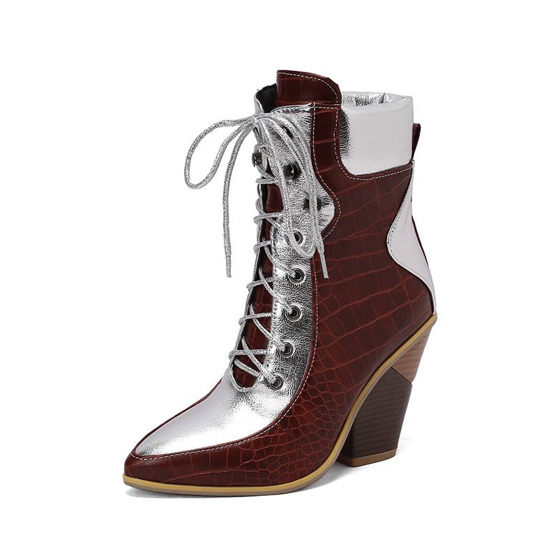 Krazing Pot Polyurethane Autumn Winter Shoes 47 Size 48 Super Size Wedges Pointed Toe Lace Up Serpentine Fashion Ankle Boots