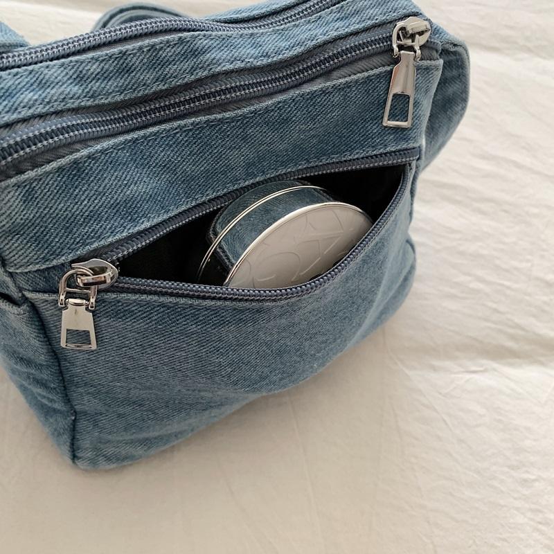Retro Denim Crossbody Bag Multi Pocket Shoulder Purse with Star Decoration