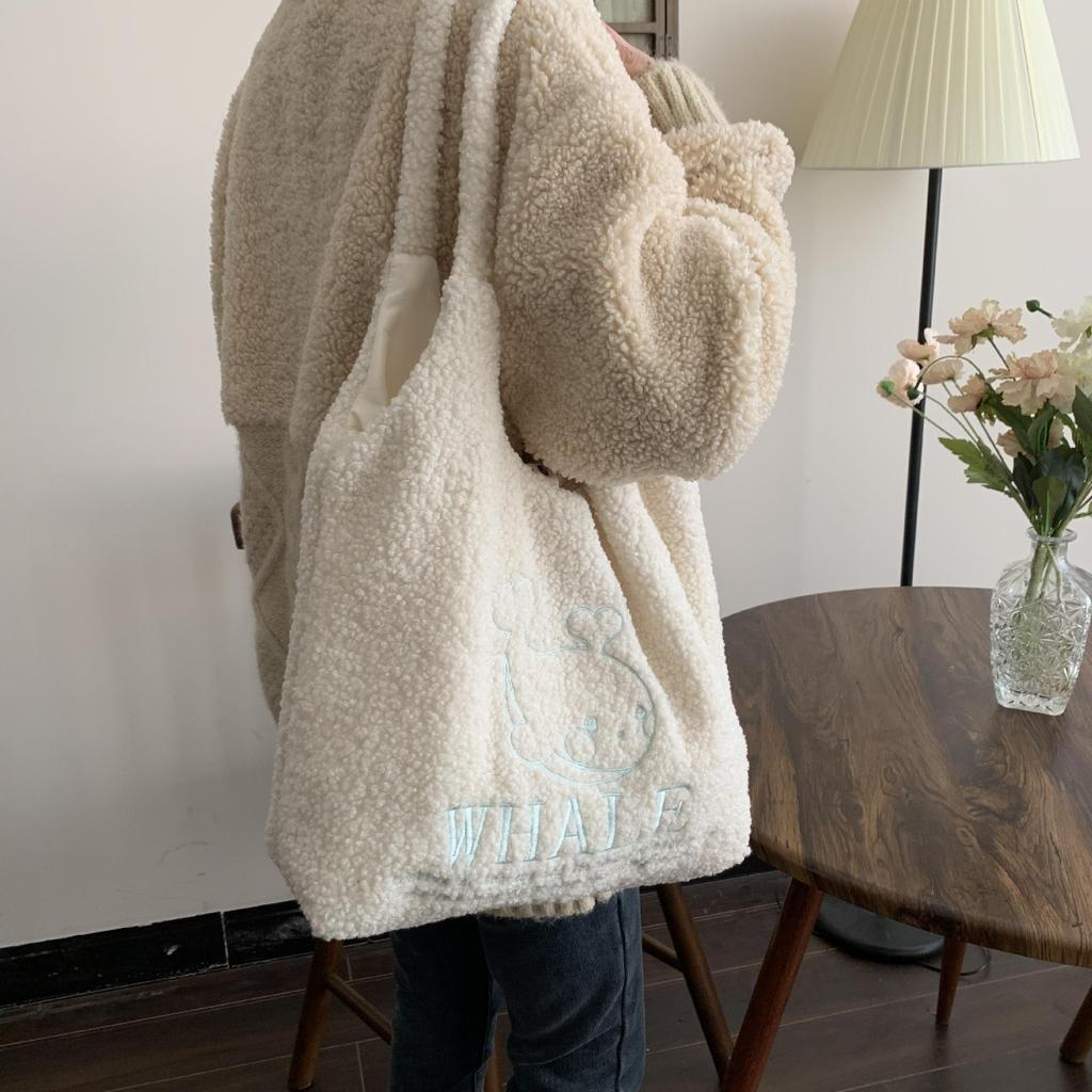 Autumn Winter Cute Girl Plush Vest Bag Sweet Student Embroidery One Shoulder Tote Bag