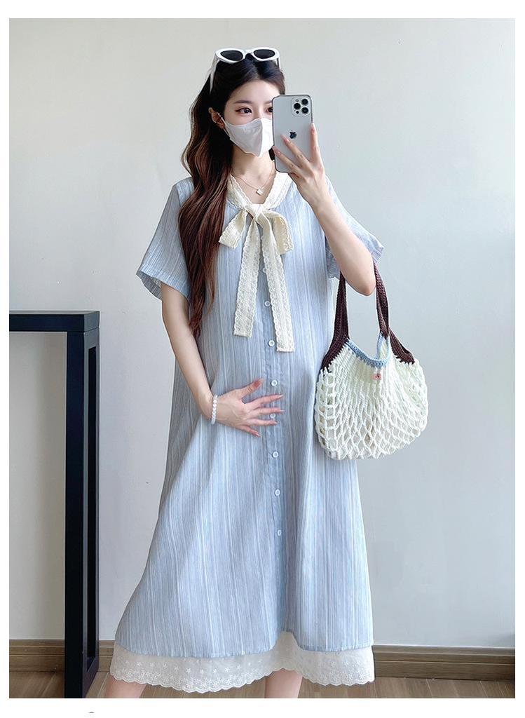 Striped Lace Patchwork Bow Maternity Dress