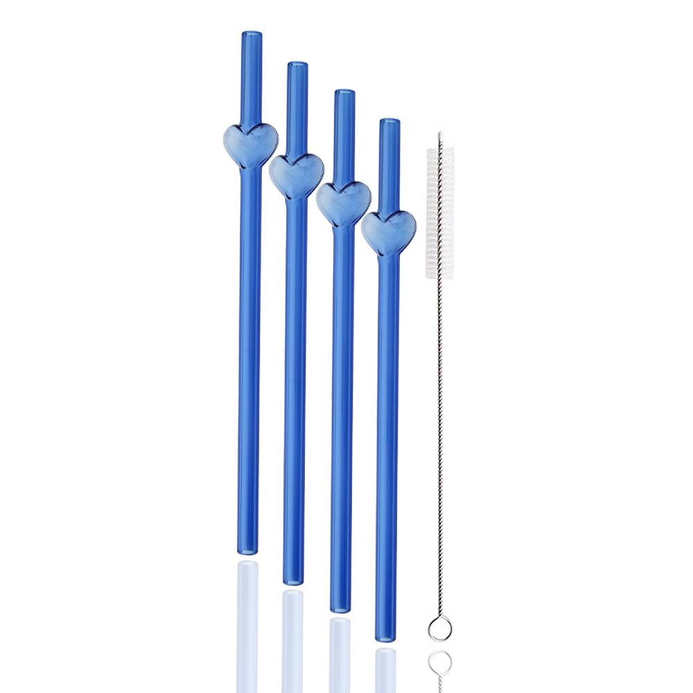 4Pcs Heart Reusable Glass Straws Eco-friendly Drinking Straws for Smoothie Milkshakes Tea Juice Cocktail Straw with 1 Brush