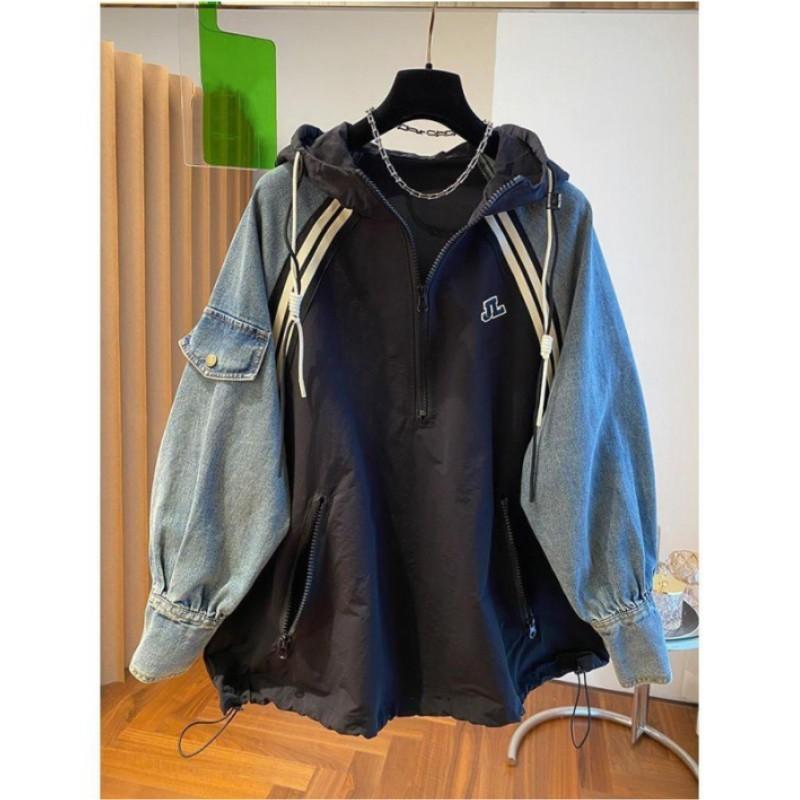 

Женская осенне-зимняя джинсовая куртка с капюшоном и полумолнией 4XL