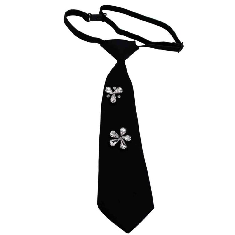 Rhinestones Embellished Necktie for Women Men Student Elegant Pre Tied Adjustable Black Ties for Uniform School Shirt